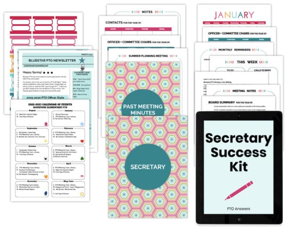 pto secretary kit with colorful binder covers and page inserts on white background