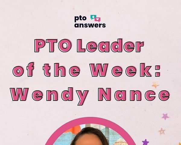 Pink background with multicolored star confetti and a picture of the leader of the week.