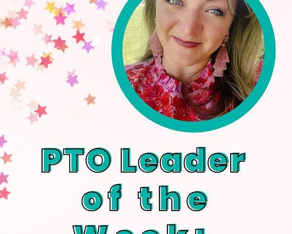 Pink background with multicolored star confetti and a picture of the leader of the week.