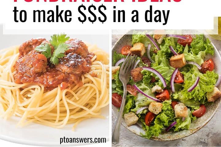 How to Run a Spaghetti Dinner Fundraiser: 5 Strategies to Try 2 '5 simple spaghetti dinner fundraiser ideas to make $$$ in a day' in center around grid of pictures with spaghetti and meatballs, garlic bread and salads